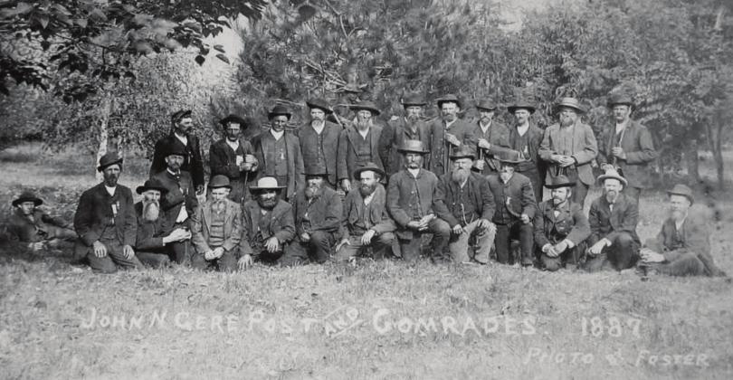 Above: In 1887, a photograph of the old soldiers. Moe belonged to the G.A.R. unit at the time, but we don’t know which one he is. Photograph shared with Table Rock Historical Society by Dave Leichtman.