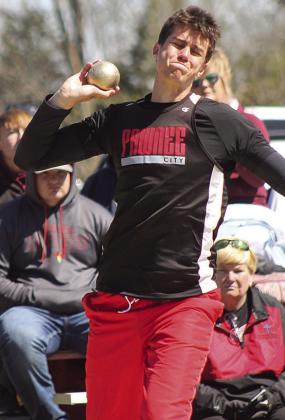 Paula Jasa/Republican P.C.’s Oscar Machini gives his all in the boys’ Shot Put event on Saturday.