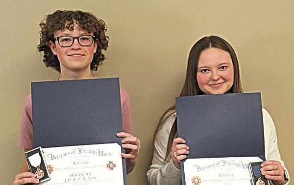 District Voice of Democracy Winners: Left to Right Jack J Hayes, 3rd place winner; Brenna Sayer, 1st place winner; not pictured – Colin Wambold.