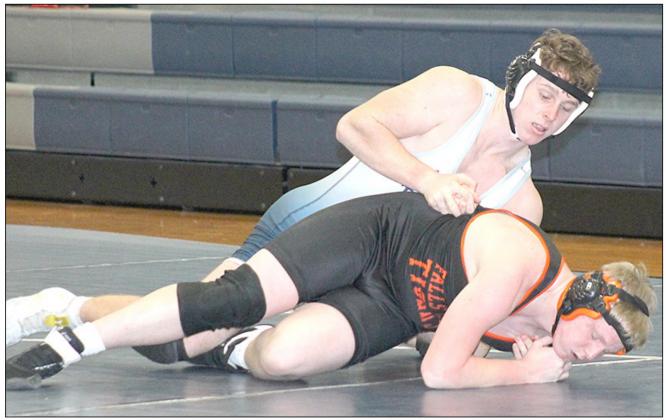 HTRS/P.C.’s Andy Maloley (on top) had Falls City’s Kemper Foster pinned in 1:35 in the 182 lb. division last Monday night at the dual. Paula Jasa/Republican