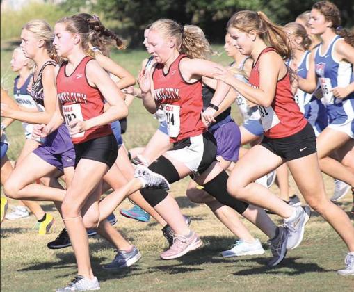The Pawnee City Cross Country team started their 2020 season on Friday, September 4th at the Johnson County Central Invitational. Pictured above in the middle (out in front) are P.C’s Emily Lytle, Alyssa Pierce and Olivia Gottula. Pictured left is P.C.’s Kaleb Vetrovsky in the boys’ competition. Paula Jasa/Republican