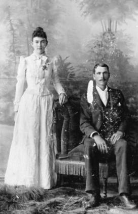 1891:Wedding portrait of Della Purcell and Parker McCoy, taken at Mahan &amp; Wallace in Pawnee City.